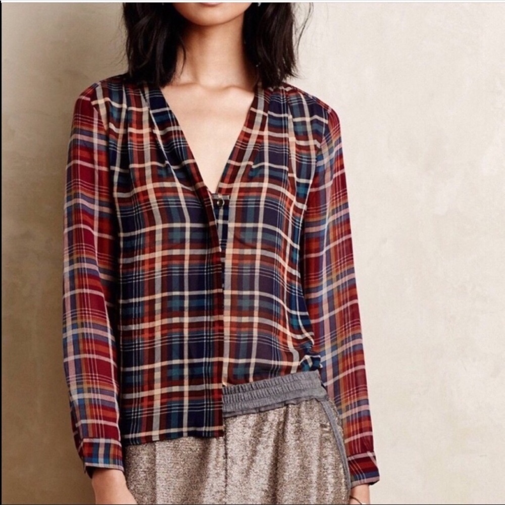 Anthropologie Maeve‎ Plaid Sheer Button Up Blouse